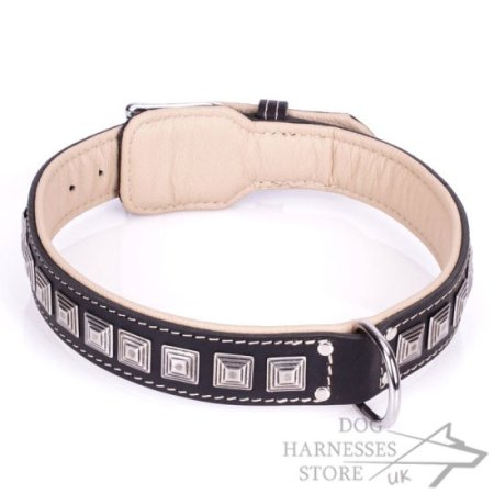 Black Padded Leather Dog Collar "Pyramid"