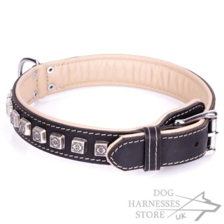 Thick Black Leather Dog Collar "Cube" with Soft Nappa Lining