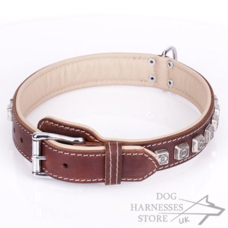 Soft Brown Leather Dog Collar "Cube" Nappa Padded